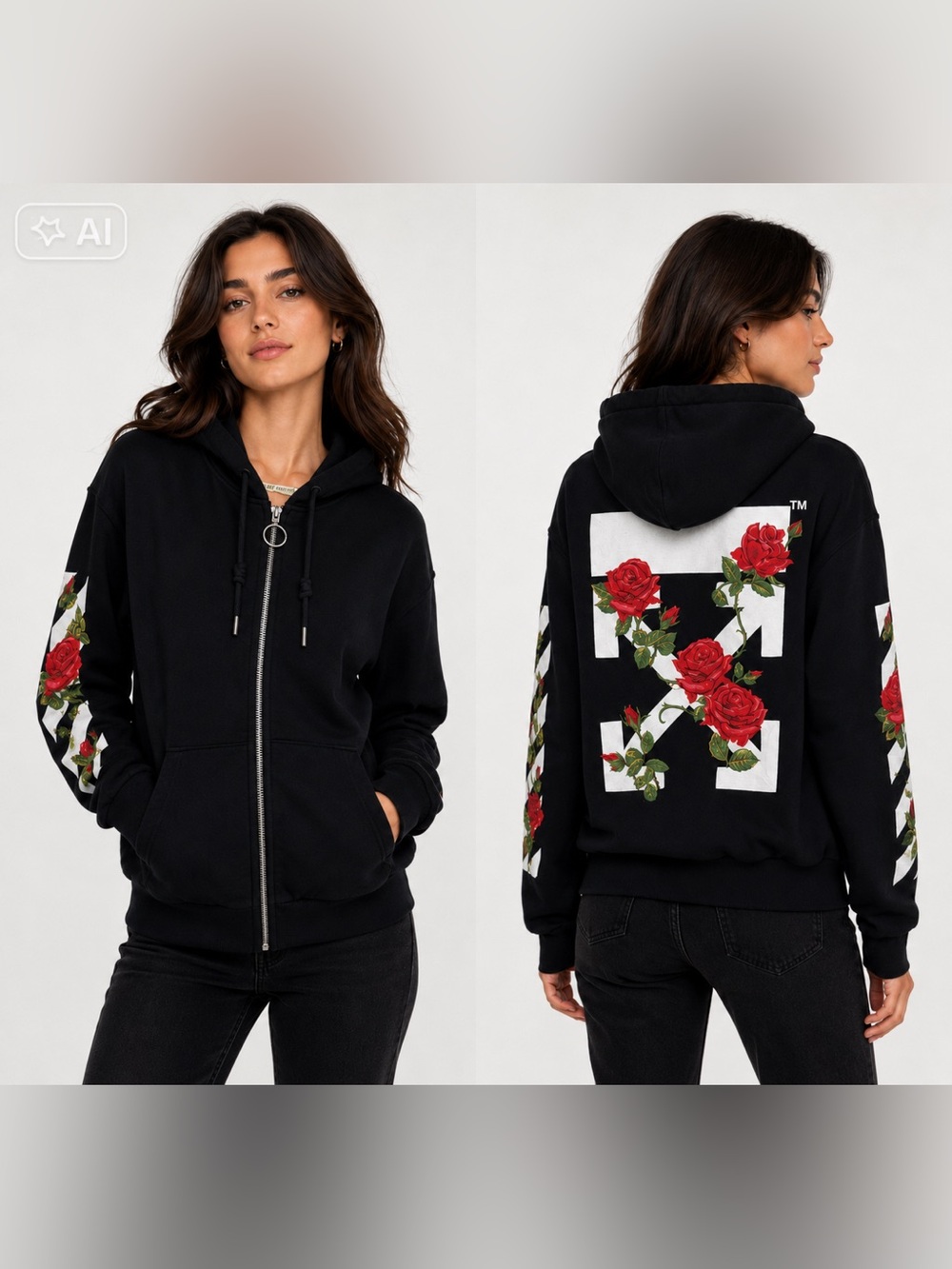 Off-White c/o Virgil Abloh Floral Embroidered Black Zip Hoodie Small